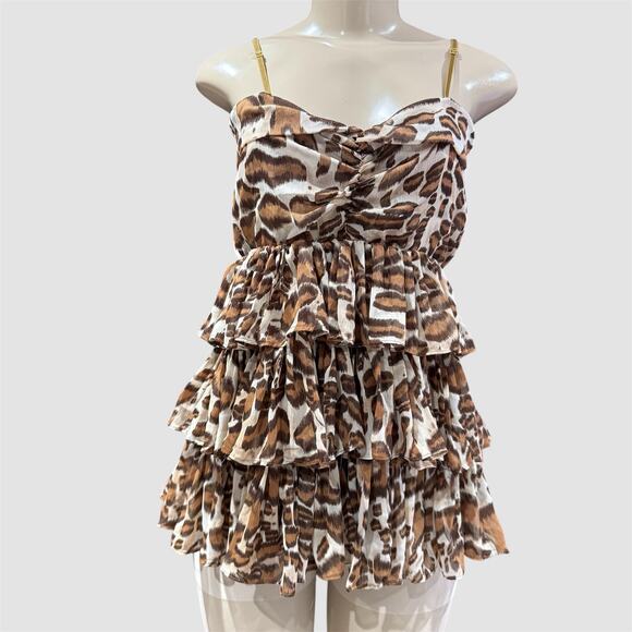 Spangle Leopard Cheetah Print Tiered Sleeveless Tank Top Empire Y2K Lagenlook M - Picture 1 of 5